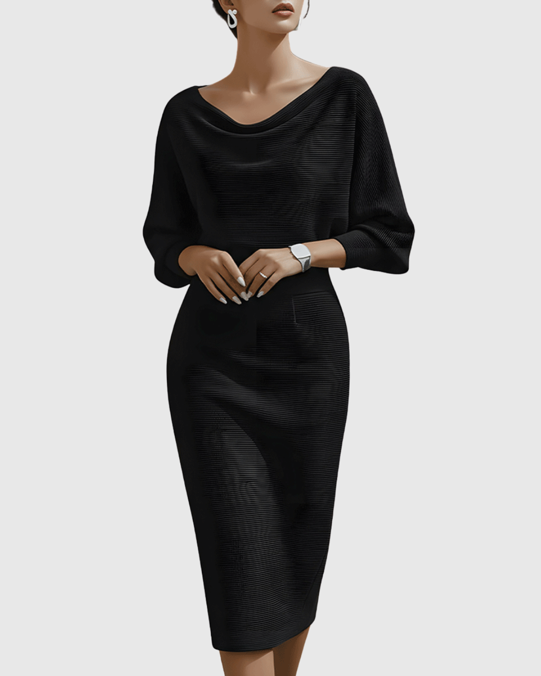 Midi Dress Womens - Ribbed Cowl Neck Batwing Veshara - Heston Manor