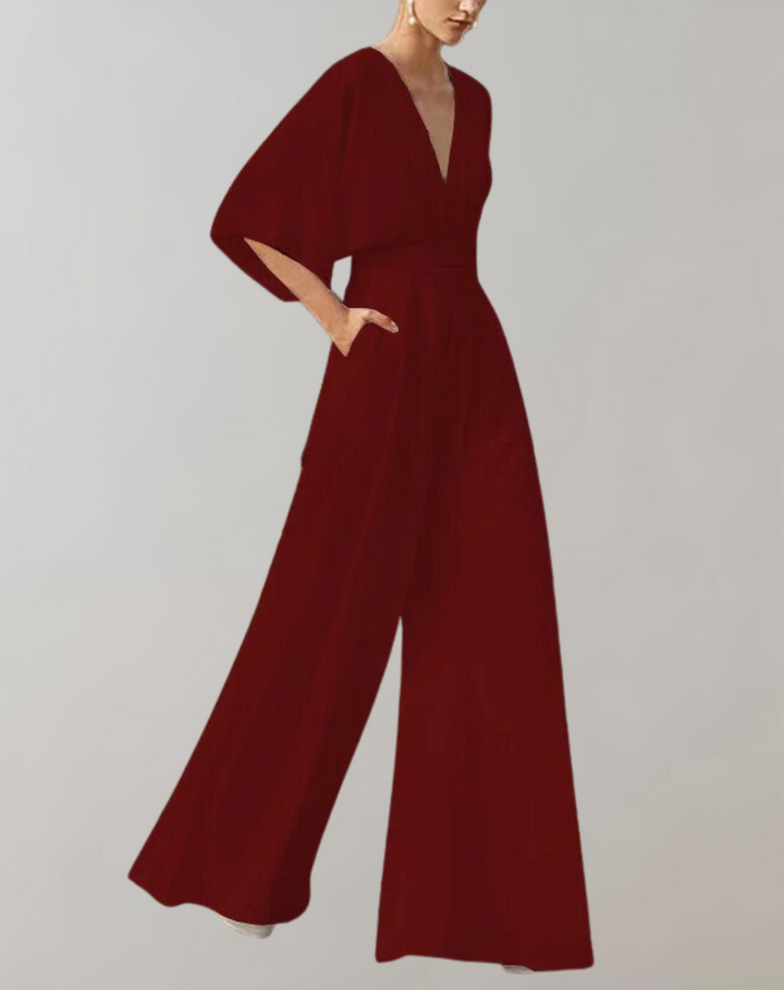 Wide-Leg Jumpsuit Womens - Formal V-Neck Batwing Sleeve Elegance Roselina - Heston Manor