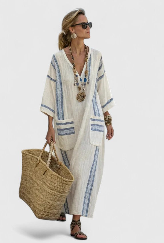 V-Neck Kaftan Maxi Dress Womens - Stripe Detail Summer Style Seraphina - Heston Manor
