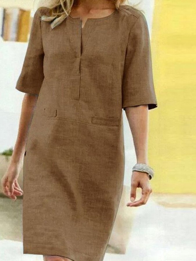 Shift Dress Womens - Relaxed Notched V-Neck Summer Hiberra - Heston Manor