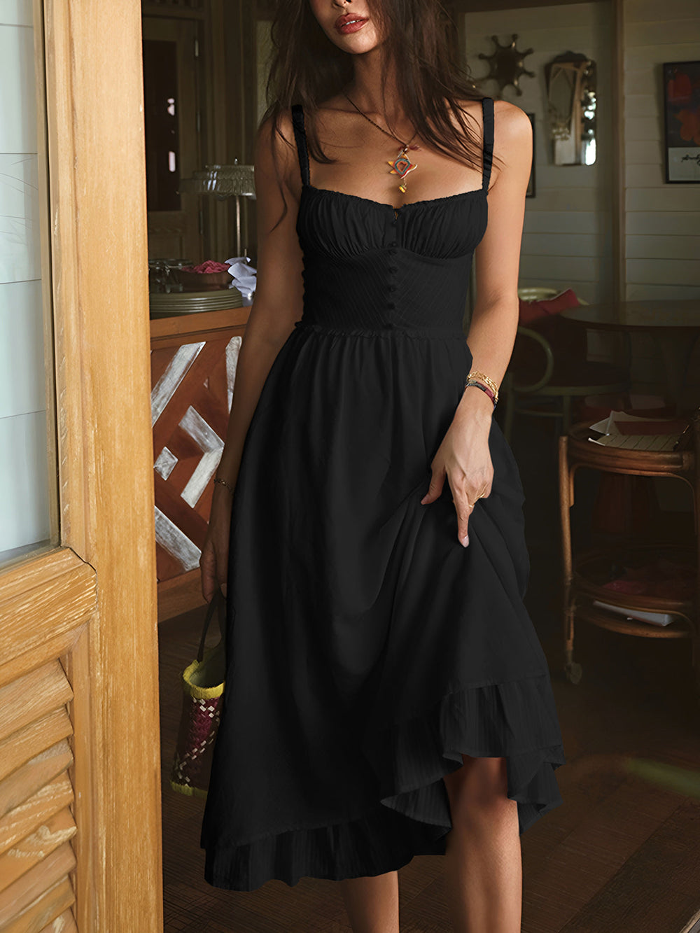 Ruffle Hem Midi Dress Womens - Smocked Button Bodice Beachwear Risara - Heston Manor