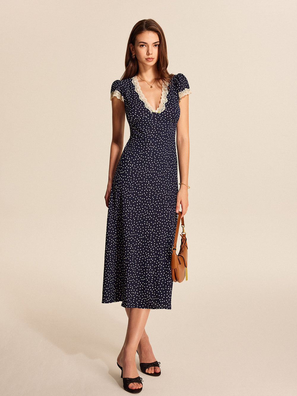 Polka Dot Midi Dress Womens - Lace Trim V-Neck Cap Sleeve Colette - Heston Manor
