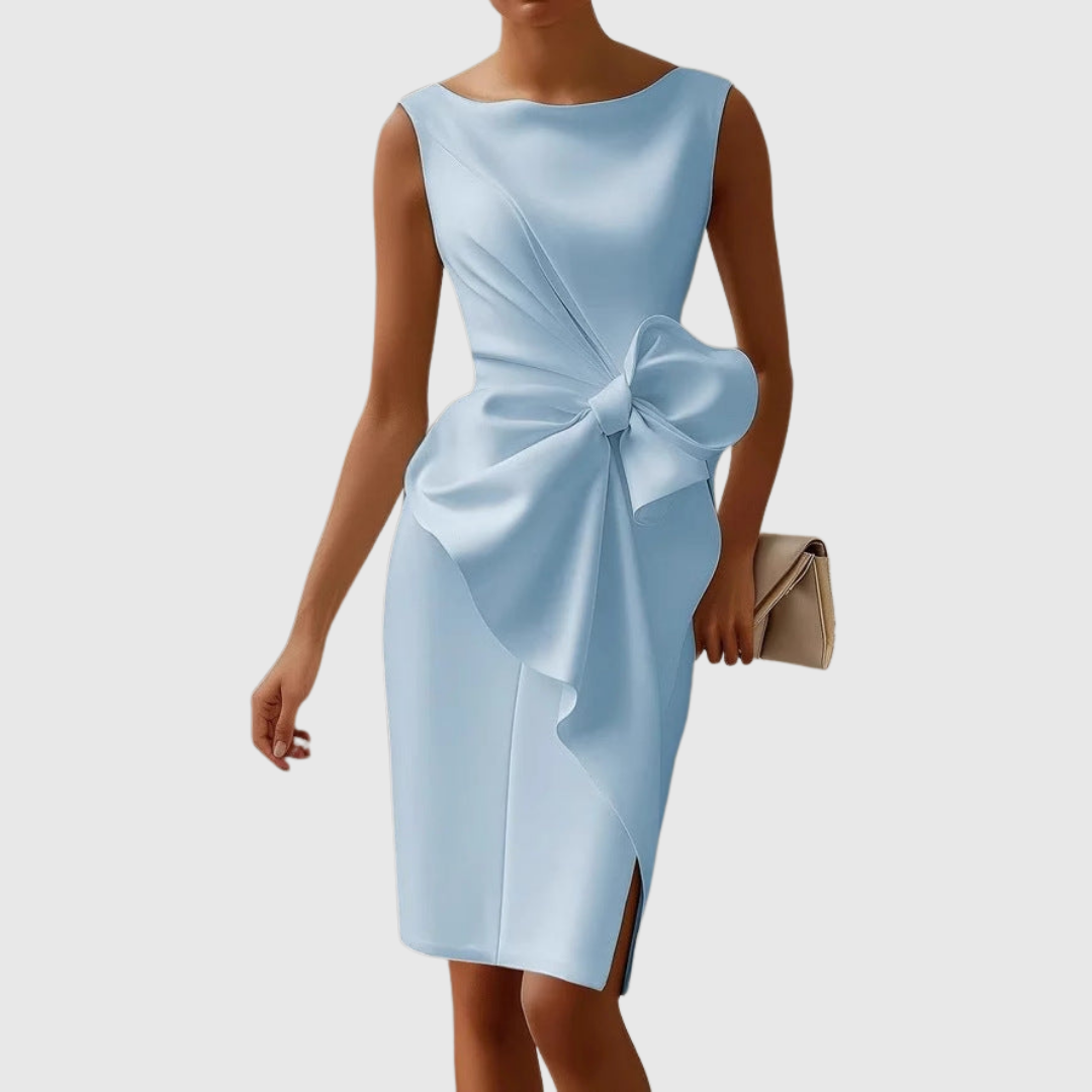 Boat Neck Sleeveless Midi Dress Womens - Sculptural Bow Detail Eloise - Heston Manor
