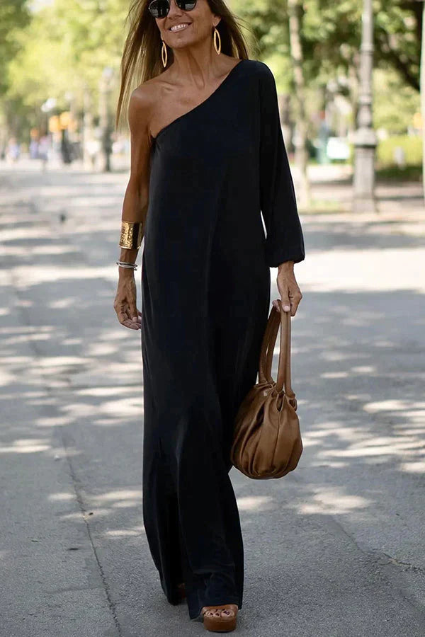One-Shoulder Maxi Dress Womens - Asymmetric Long Sleeve Side Split Eleganza - Heston Manor