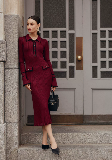 Ribbed Polo Collar Midi Dress Womens - Vintage-Inspired Button Detail Allure Avendale - Heston Manor