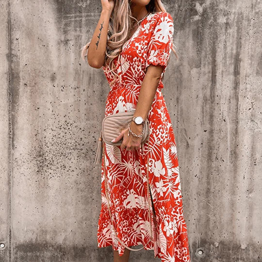 Floral Midi Dress Womens - V-Neck Smocked Waist Summer Poplina - Heston Manor
