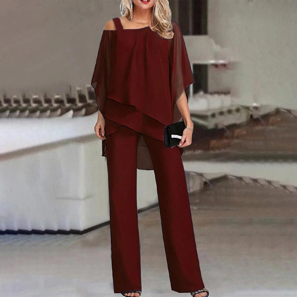 Cold Shoulder Jumpsuit Womens - Chiffon Overlay Wide Leg Elegance Elara - Heston Manor