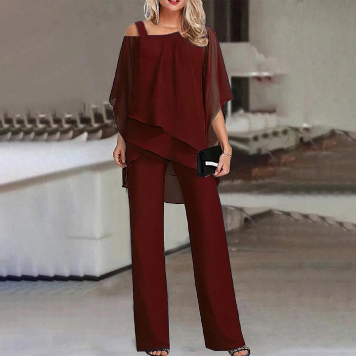 Cold Shoulder Jumpsuit Womens - Chiffon Overlay Wide Leg Elegance Elara - Heston Manor