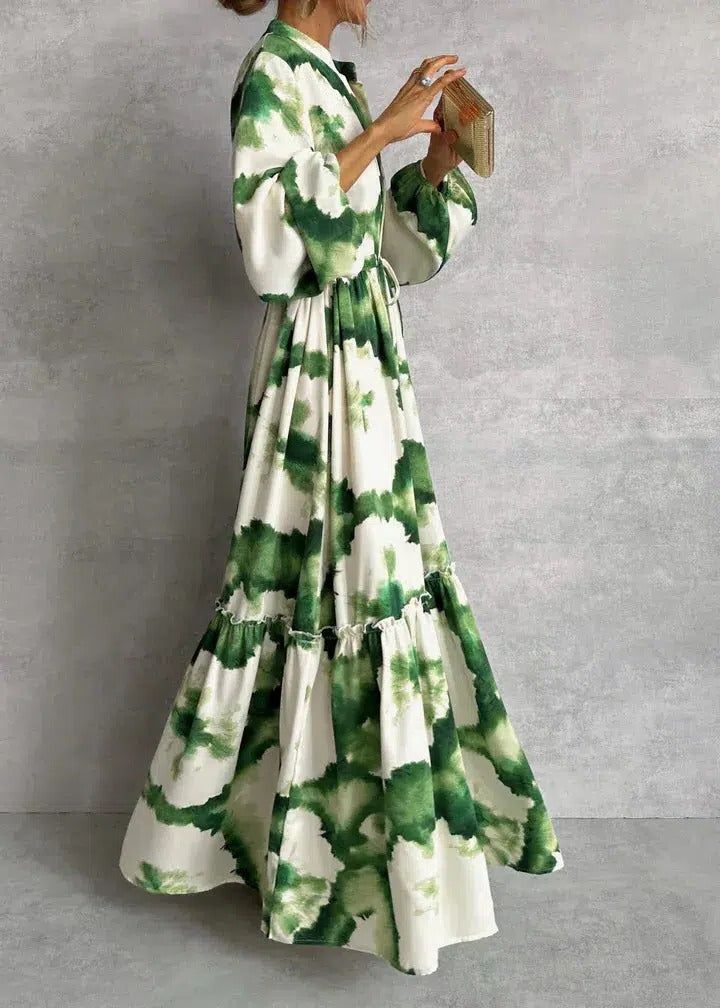 Tie-Dye Maxi Dress Womens - Belted Long Sleeve Tiered Boho Look Elara - Heston Manor