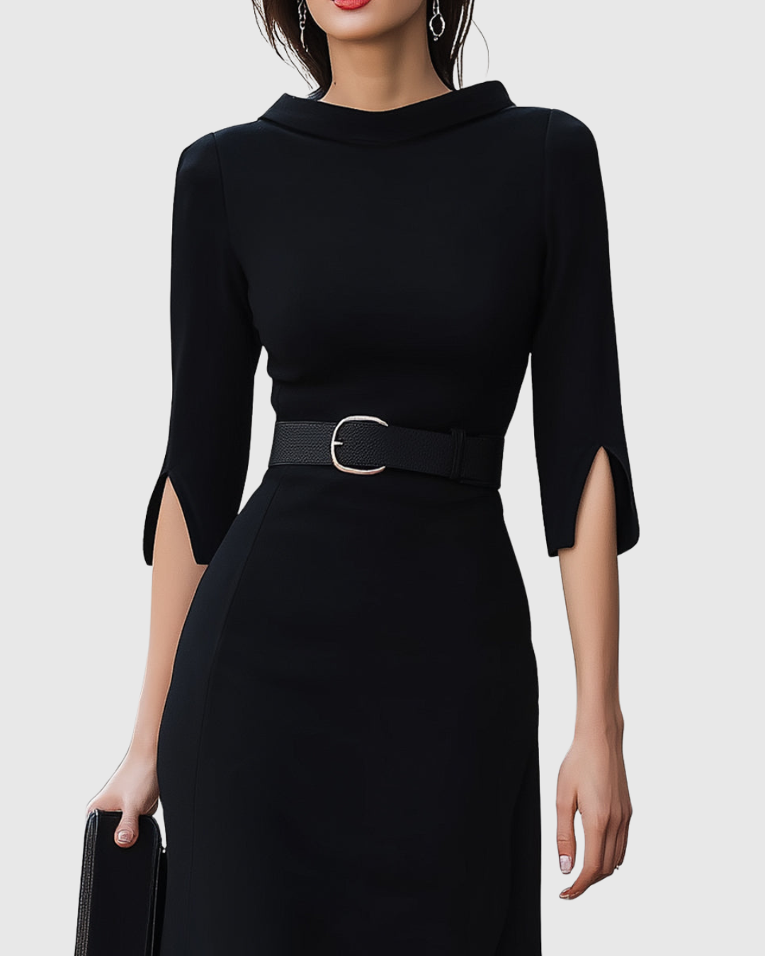 Midi Dress Womens - Belted Mock Neck with Split Sleeves Nocturne - Heston Manor