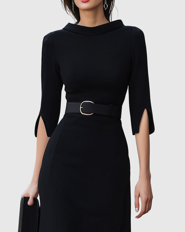 Midi Dress Womens - Belted Mock Neck with Split Sleeves Nocturne - Heston Manor