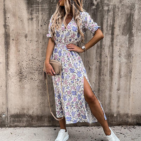 Floral Midi Dress Womens - V-Neck Smocked Waist Summer Poplina - Heston Manor