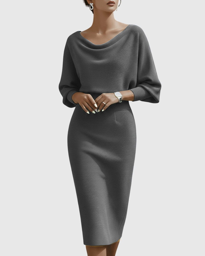 Midi Dress Womens - Ribbed Cowl Neck Batwing Veshara - Heston Manor
