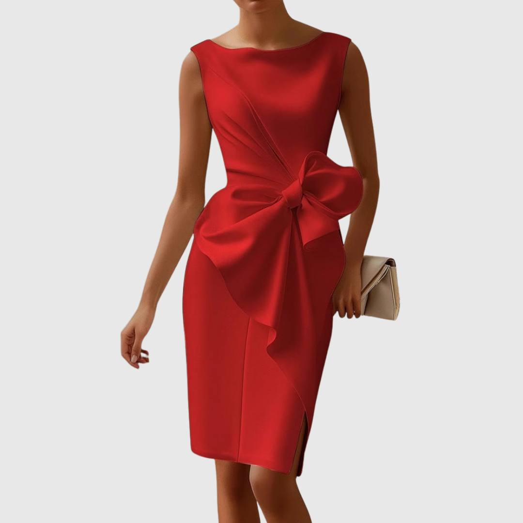 Boat Neck Sleeveless Midi Dress Womens - Sculptural Bow Detail Eloise - Heston Manor