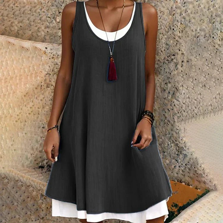 Sleeveless Layered Mini Dress Womens - Faux Two-Piece Scoop Neck Lystra - Heston Manor
