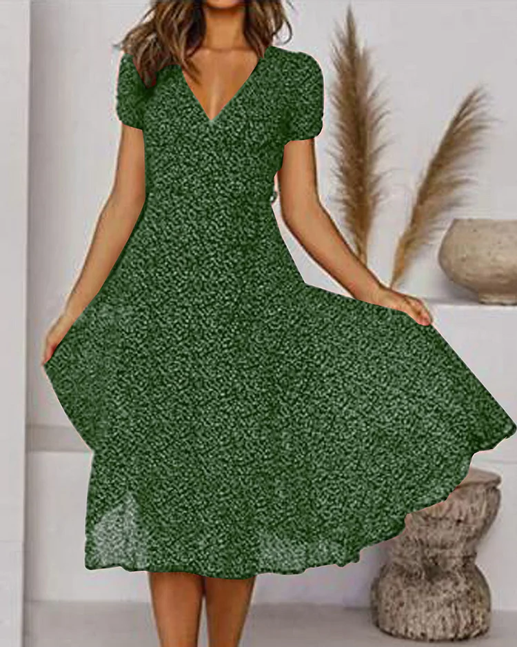 V-Neck Midi Dress Womens - Short Sleeve Printed Summer Wear Livelle - Heston Manor