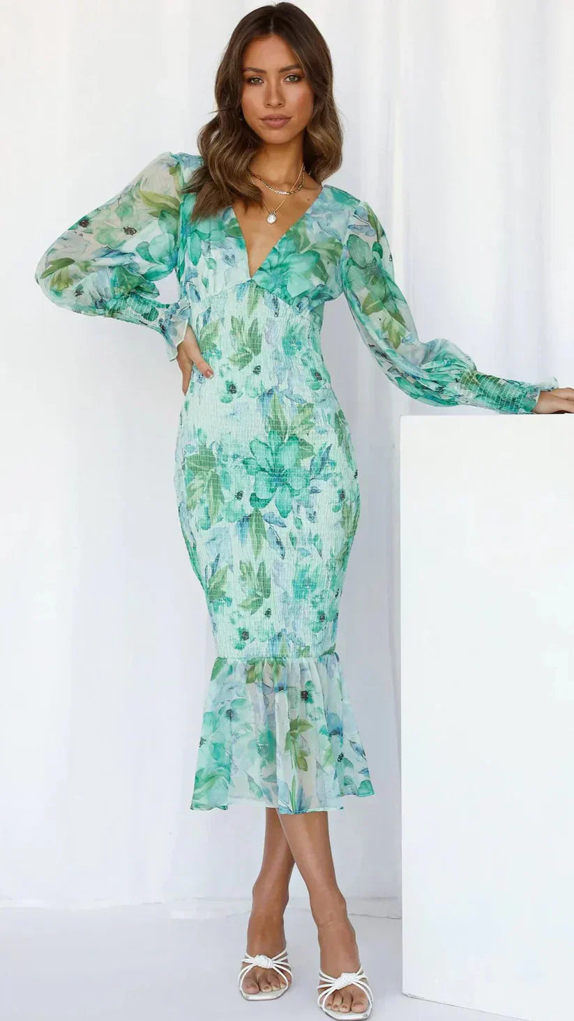Floral Draped Dress Womens - Evening Flowy Silhouette Glamabelle - Heston Manor