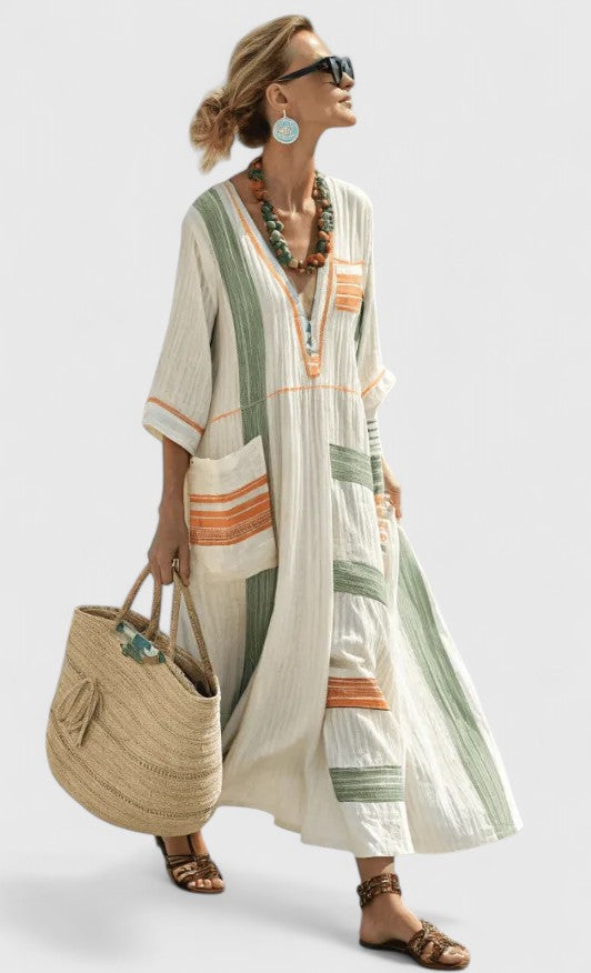 V-Neck Kaftan Maxi Dress Womens - Stripe Detail Summer Style Seraphina - Heston Manor