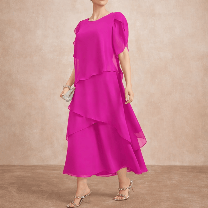 Novelle Tiered Chiffon Dress with Flutter Sleeves - Heston Manor