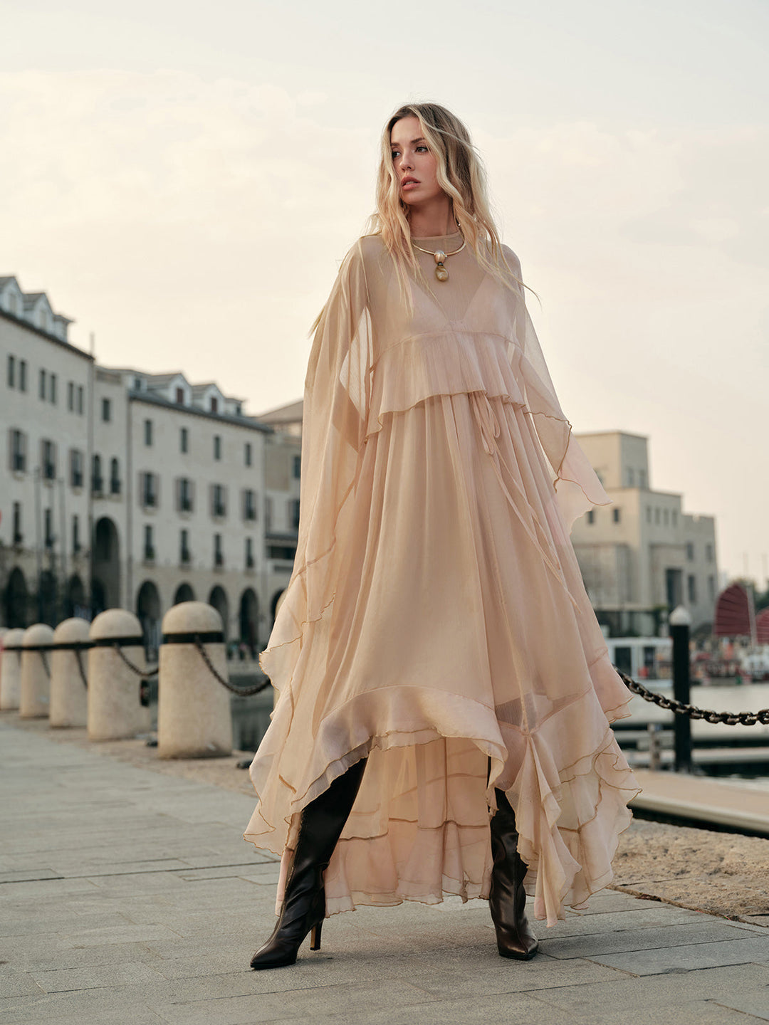 Chiffon Maxi Dress Womens - Elegant Cape Sleeves Seraphina - Heston Manor