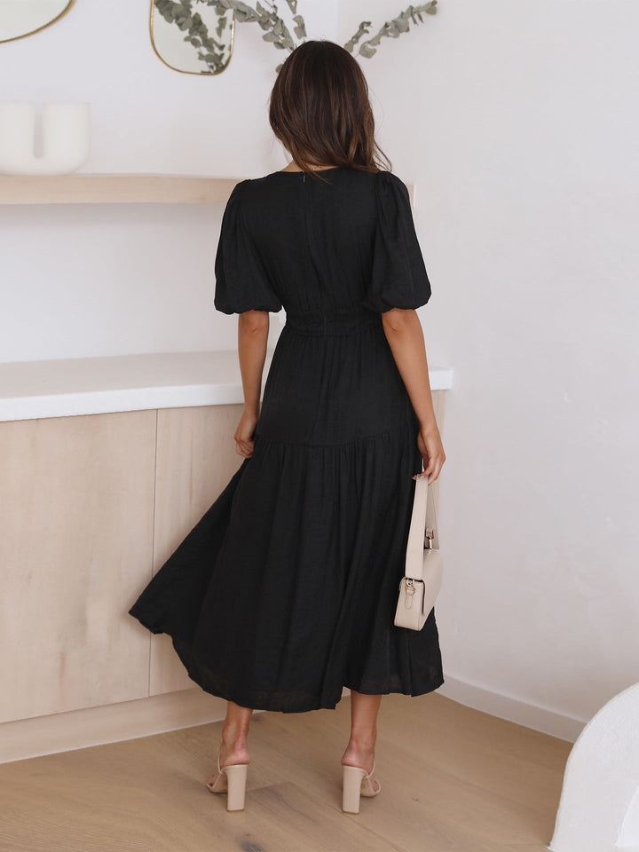Midi Dress Womens - V-Neck Puff Sleeve Smocked Waist Noir-chic - Heston Manor