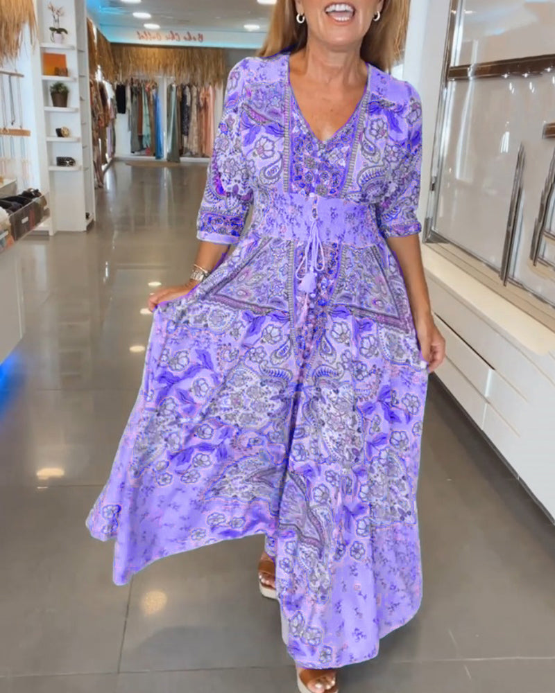 Paisley Maxi Dress Womens - Bohemian V-Neck Vacation Attire Solielis - Heston Manor