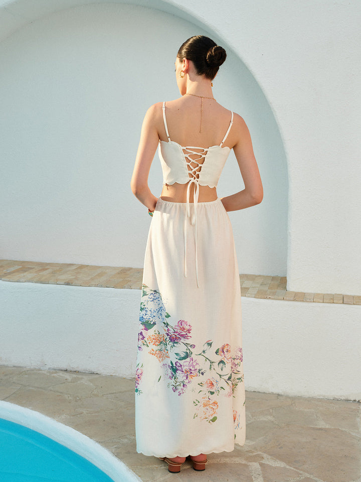 Floral Maxi Dress Womens - Cutout Waist Scallop Hem Sundress Pira - Heston Manor