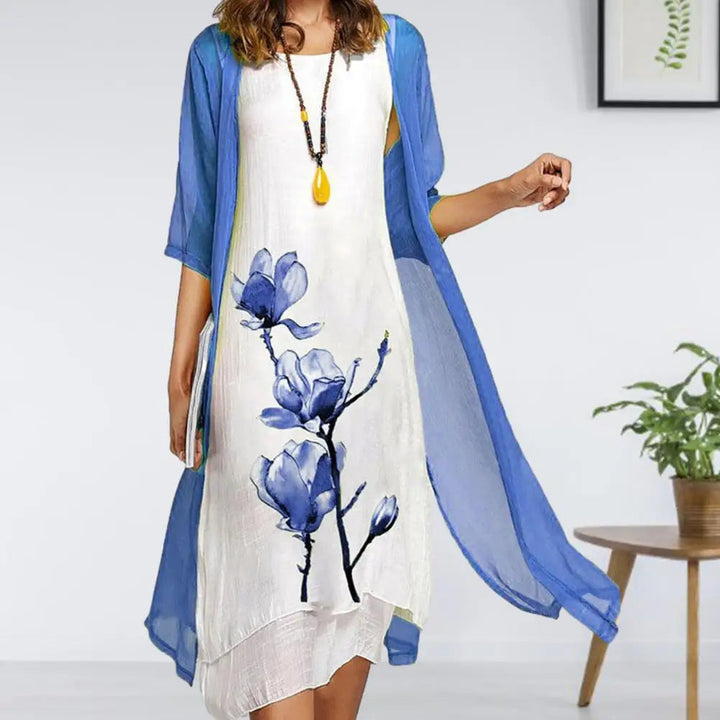 Floral Two-Piece Dress Set Womens - Ink-Painted Magnolia & Sheer Cardigan Bloora - Heston Manor