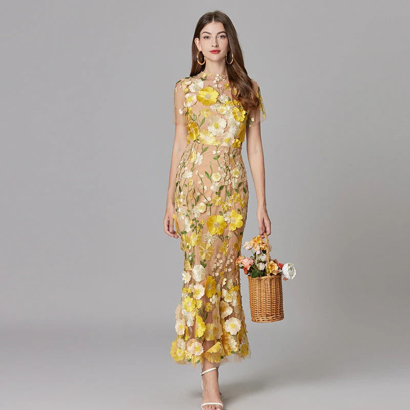 Floral Appliqué Maxi Dress Womens - 3D Sculptural Detail - Aurelia - Heston Manor