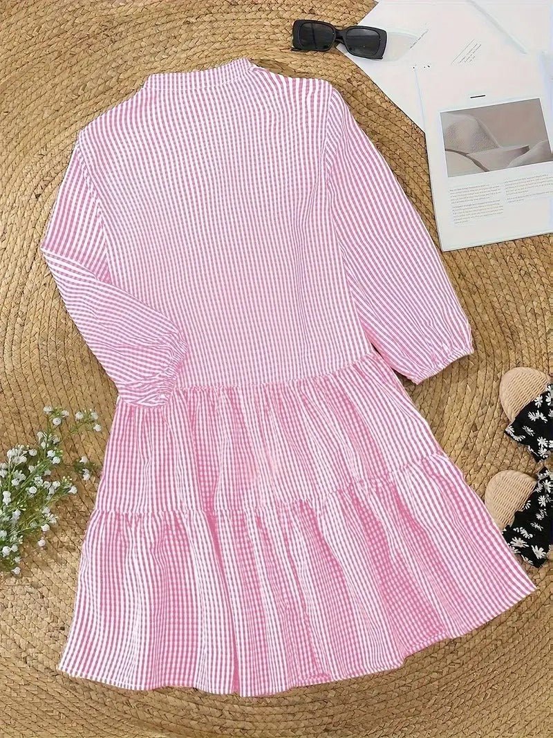 Gingham Print Mini Dress Womens - Button-Down 3/4 Sleeve Rosievita - Heston Manor