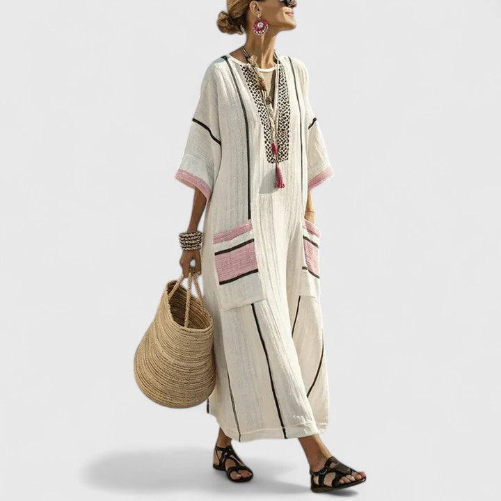 Linen Maxi Dress Womens - Striped Boho V-Neck with Pockets Zarina - Heston Manor