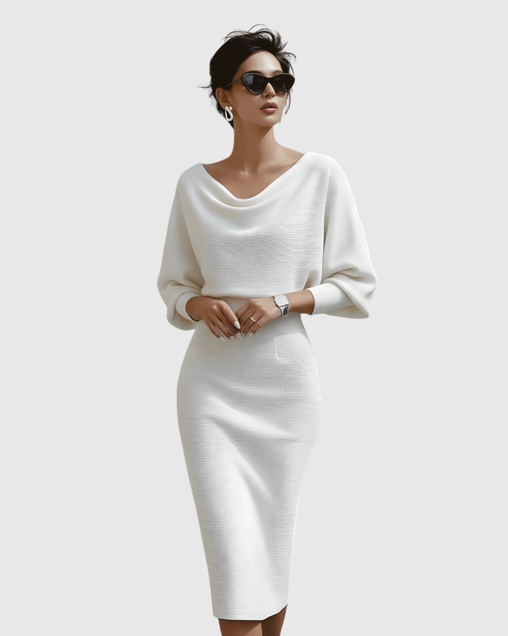 Midi Dress Womens - Ribbed Cowl Neck Batwing Veshara - Heston Manor