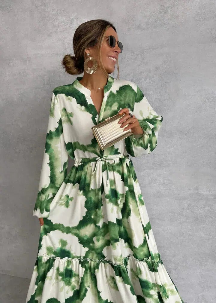 Tie-Dye Maxi Dress Womens - Belted Long Sleeve Tiered Boho Look Elara - Heston Manor