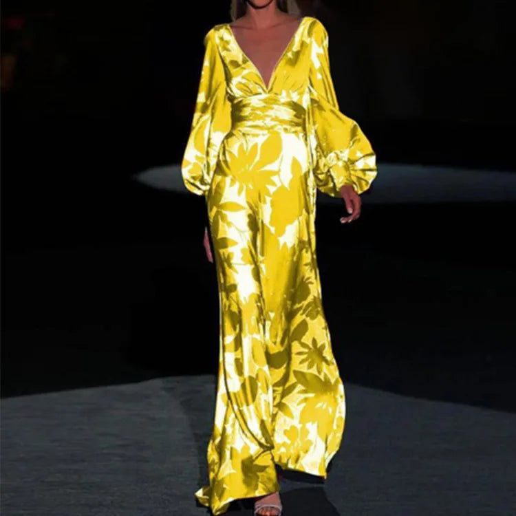 Floral Satin Maxi Dress Womens - V-Neck Puff Sleeve Formal Wear Sestina - Heston Manor