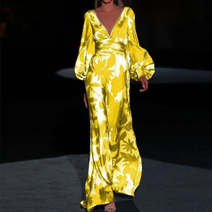 Floral Satin Maxi Dress Womens - V-Neck Puff Sleeve Formal Wear Sestina - Heston Manor