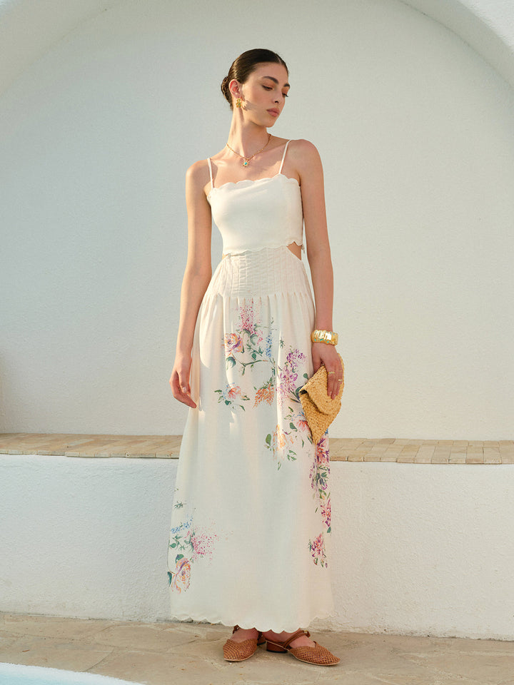 Floral Maxi Dress Womens - Cutout Waist Scallop Hem Sundress Pira - Heston Manor