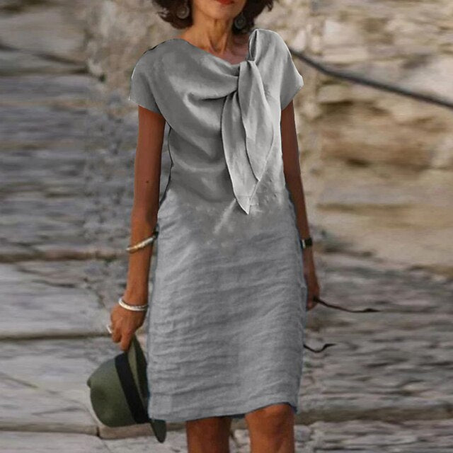 Bow Neck Midi Dress Womens - Elegant Short Sleeve Brunch Outfit Celestine - Heston Manor
