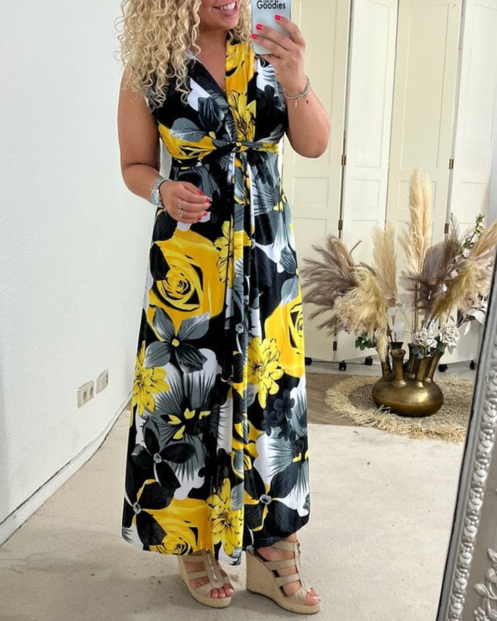 Floral Maxi Dress Womens - Tie-Front Sleeveless V-Neck Rhomea - Heston Manor