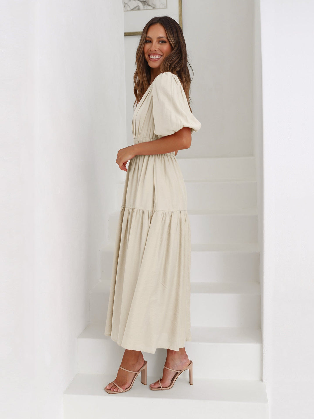 Midi Dress Womens - V-Neck Puff Sleeve Smocked Waist Noir-chic - Heston Manor