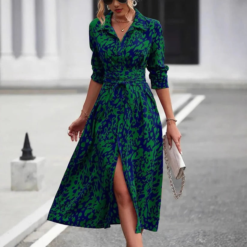 Shirt Dress Womens - Abstract Print Belted Midi Valenta - Heston Manor