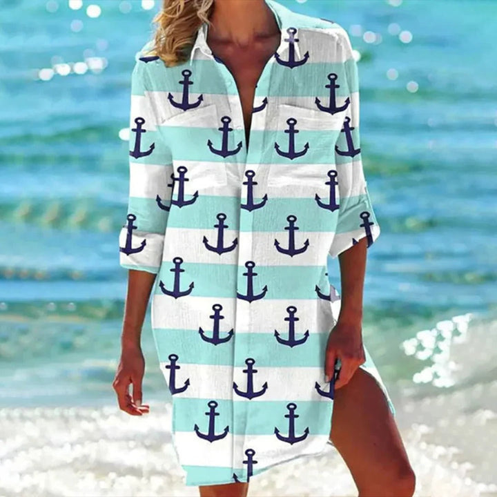 Tropical Print Shirt Dress Womens - Beach Cover-Up 3/4 Sleeve BreezeCoral - Heston Manor