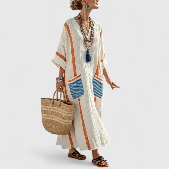 Linen Maxi Dress Womens - Striped Boho V-Neck with Pockets Zarina - Heston Manor