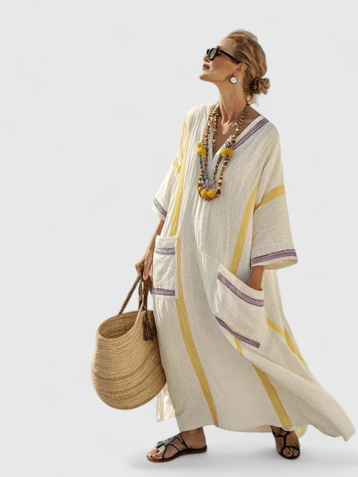 V-Neck Kaftan Maxi Dress Womens - Stripe Detail Summer Style Seraphina - Heston Manor