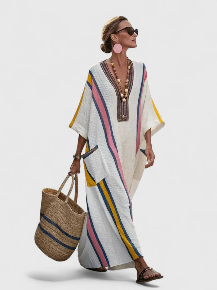 V-Neck Kaftan Maxi Dress Womens - Stripe Detail Summer Style Seraphina - Heston Manor