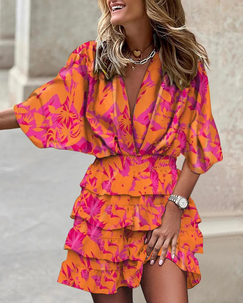 Ruffle Mini Dress Womens - Vibrant Boho V-Neck Fit Lunalie - Heston Manor