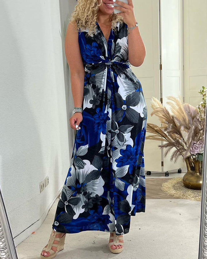 Floral Maxi Dress Womens - Tie-Front Sleeveless V-Neck Rhomea - Heston Manor