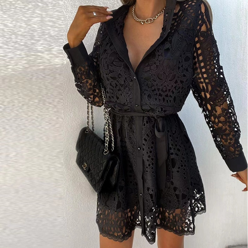 Lace Mini Dress Womens - Long Sleeve V-Neck Belted Elegance Viralisa - Heston Manor