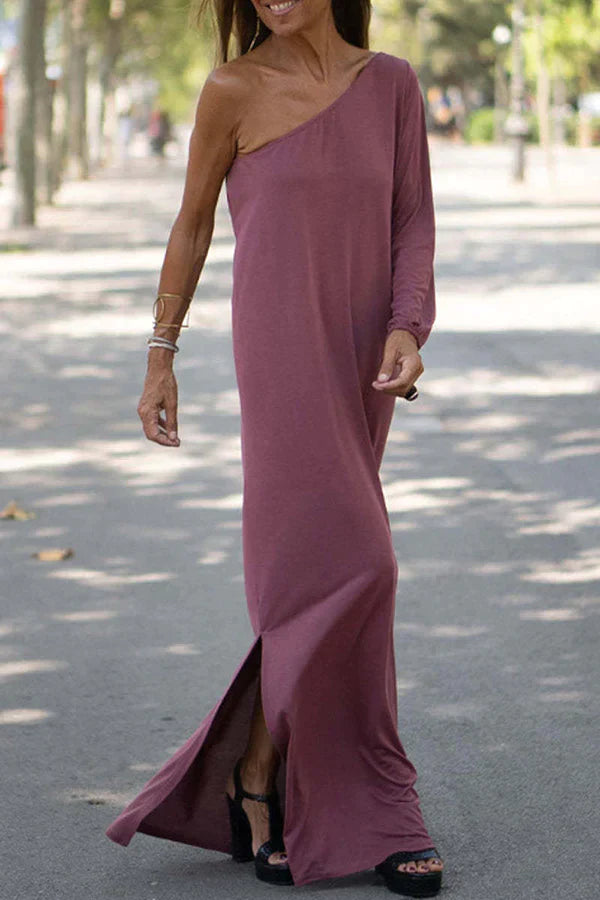 One-Shoulder Maxi Dress Womens - Asymmetric Long Sleeve Side Split Eleganza - Heston Manor