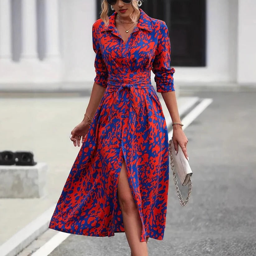 Shirt Dress Womens - Abstract Print Belted Midi Valenta - Heston Manor