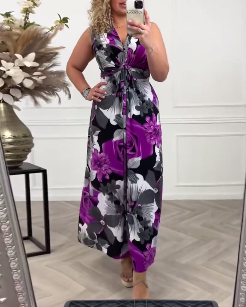 Floral Maxi Dress Womens - Tie-Front Sleeveless V-Neck Rhomea - Heston Manor